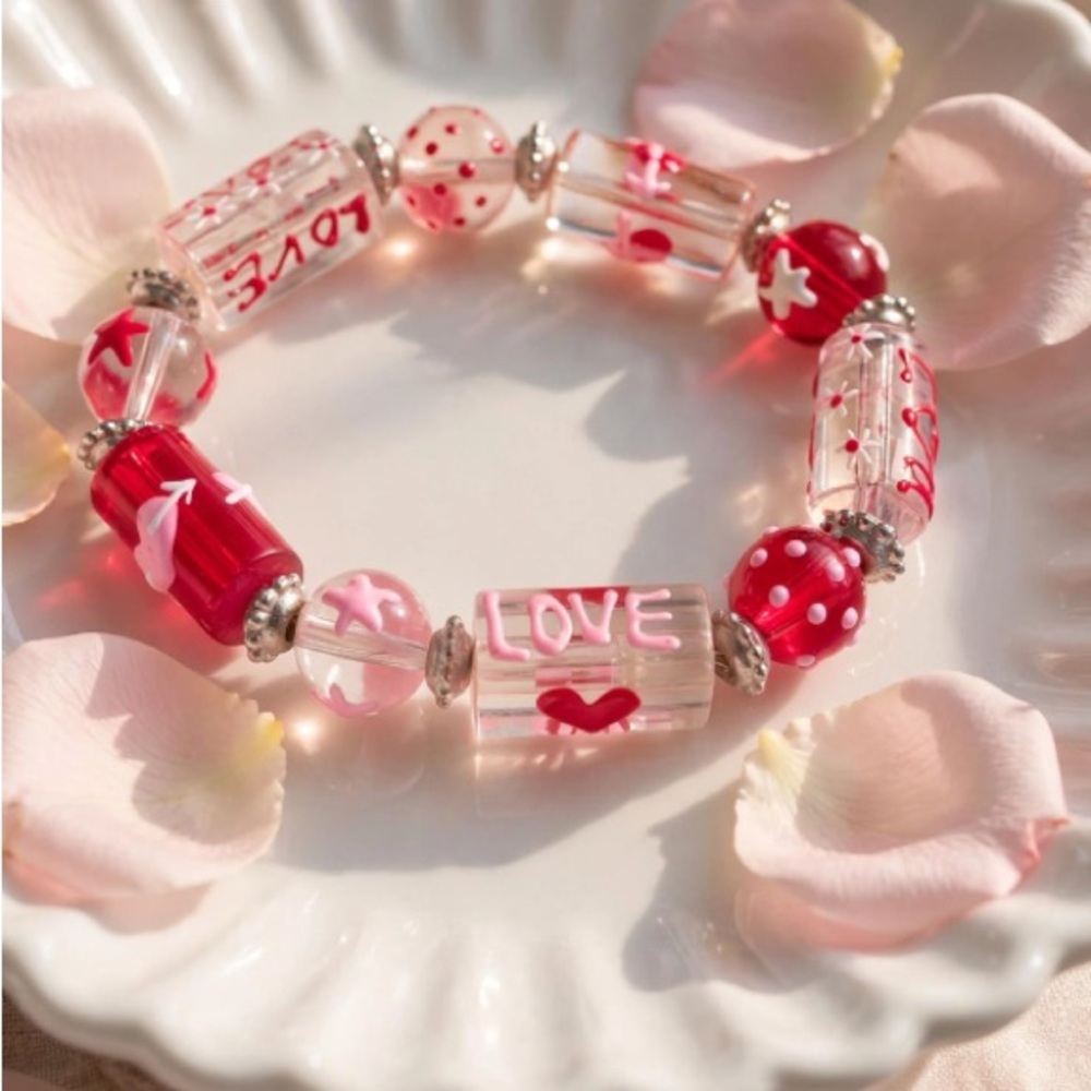 Pink 'LOVE' Glass Beaded Bracelet - Clear & Red Accent Stretch